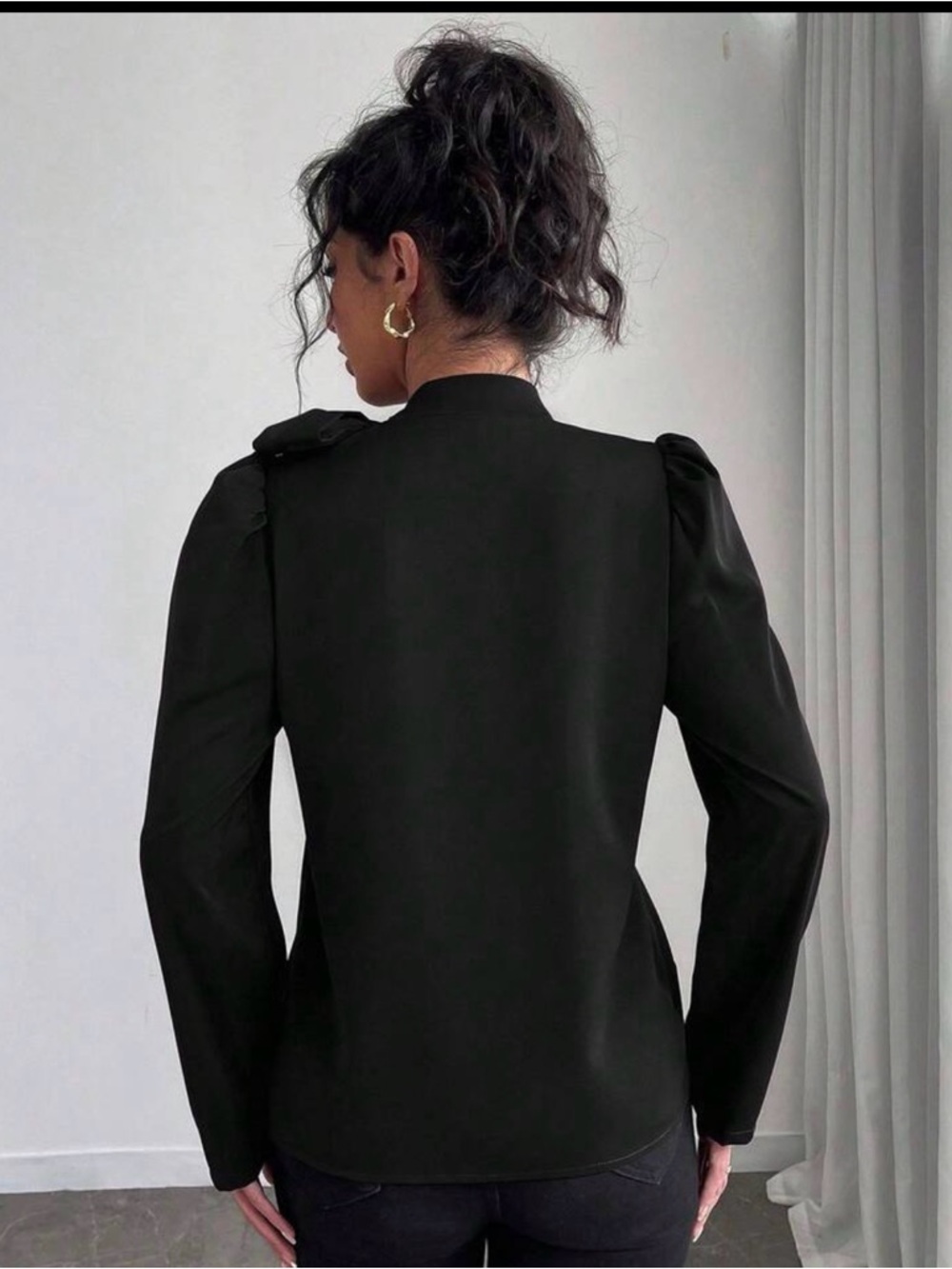 SHEIN Black Bow-Shoulder Long Sleeve Blouse - Picture 2 of 5